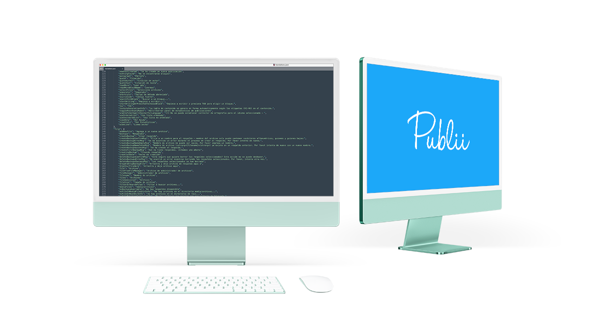 Dos pantallas de iMac con codificación y logotipo de Publii
