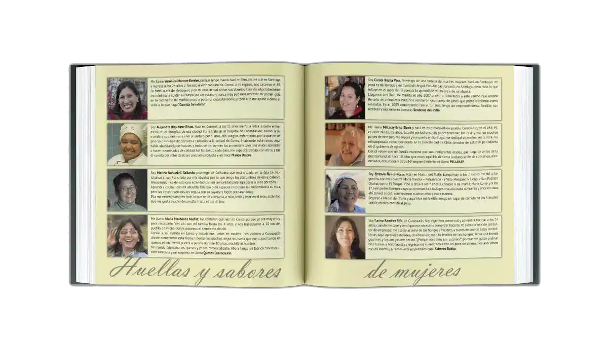 Libro abierto que muestra dos páginas de perfiles de chef.